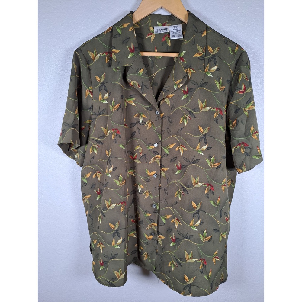 Liz Baker Essentials Olive Green Leaf Print Button Down Shirt Woman 16W Short Sl